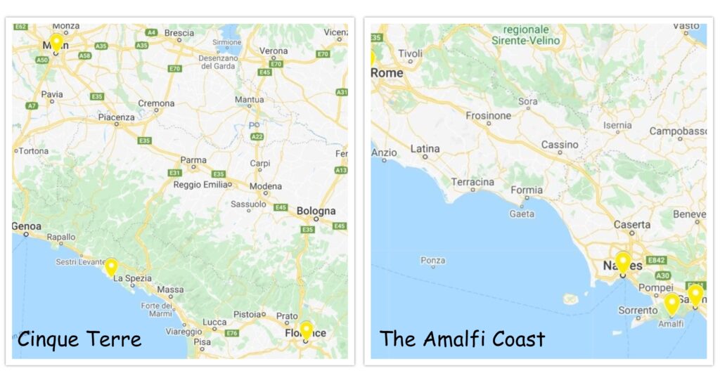 Location and access to get to Cinque Terre and Amalfi Coast